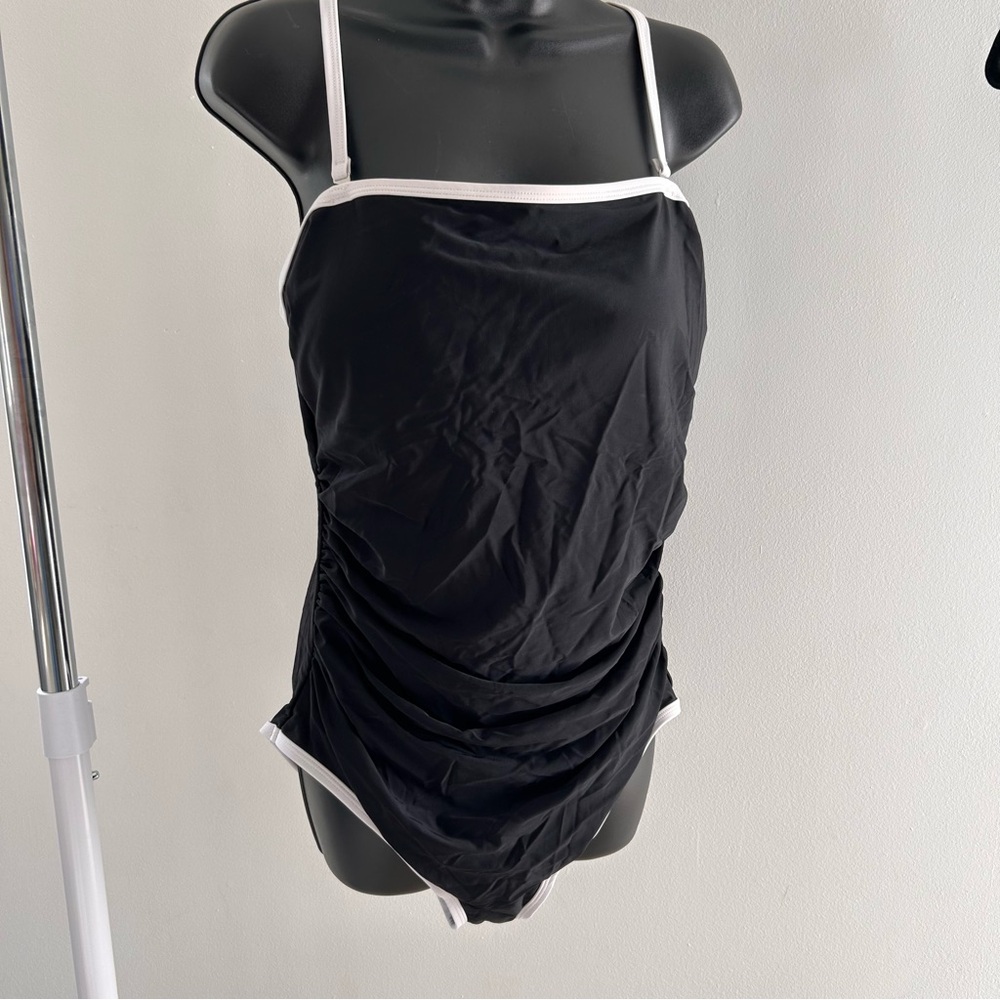 Black One-Piece Square Neck tummy control Swimsuit with White Trim NWT